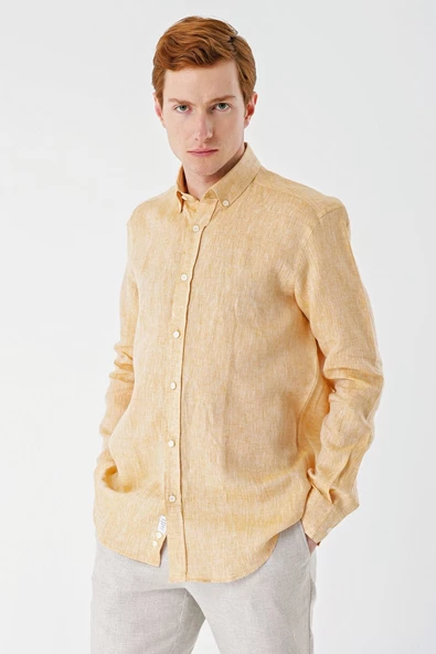 Hardal Uzun Kollu Cepsiz Biyeli %100 Keten Klasik Comfort Fit Rahat Kesim Gömlek 1004240186 - Resim 6