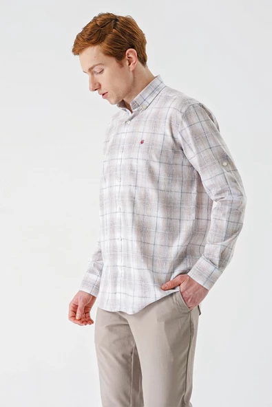 Bej Kısalabilir Kol Ekoseli   Cepli Garnili Biyeli Pamuklu Keten  Comfort Fit Gömlek 1004240147 - 4
