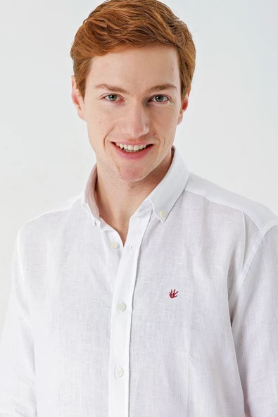 Beyaz Uzun Kollu Cepsiz Biyeli %100 Keten Klasik Comfort Fit Rahat Kesim Gömlek 1004240186 - Resim 4