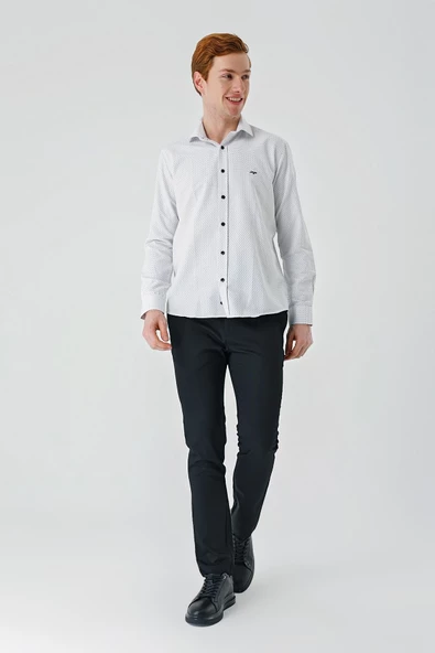Siyah Uzun Kollu Desenli Armürlü Cepsiz Pamuklu Klasik Slim Fit Dar Kesim Gömlek 1004240189 - Resim 7
