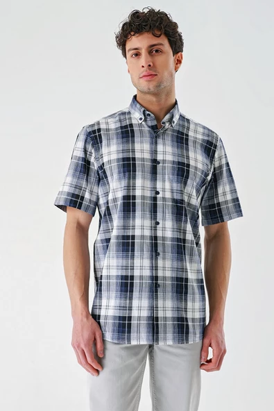 Lacivert Kısa Kollu Ekoseli Cepli %100 Pamuk Klasik Comfort Fit Rahat Kesim Gömlek 1004240196 - Resim 3