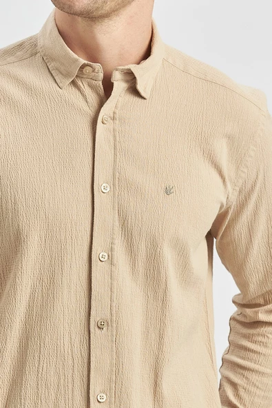 Kayısı Uzun Kollu Gofreli Biyeli %100 Pamuk Casual Slim Fit Dar Kesim Gömlek 1004240247 - Resim 6
