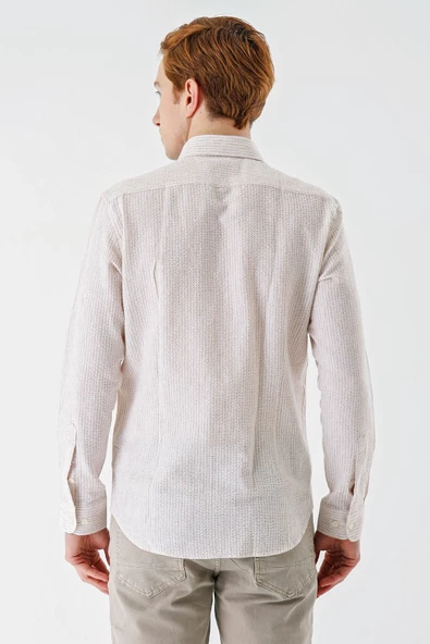 Bej Uzun Kollu Çizgili Biritli Yaka Pamuklu Likralı Casual Slim Fit Dar Kesim Gömlek 1004240233 - Resim 7
