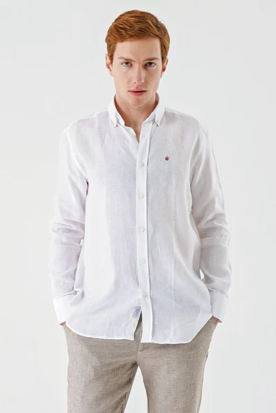 Beyaz Uzun Kollu Cepsiz Biyeli %100 Keten Klasik Comfort Fit Rahat Kesim Gömlek 1004240186 - Resim 5