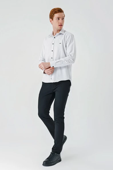 Siyah Uzun Kollu Desenli Armürlü Cepsiz Pamuklu Klasik Slim Fit Dar Kesim Gömlek 1004240189 - Resim 2