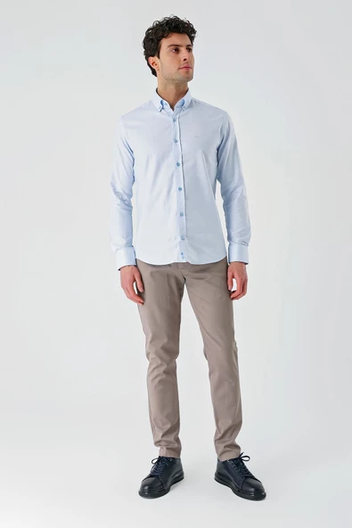 Koyu Mavi Uzun Kollu Oxford Cepsiz %100 Pamuk Klasik Slim Fit Dar Kesim Gömlek 1004240188 - Resim 5