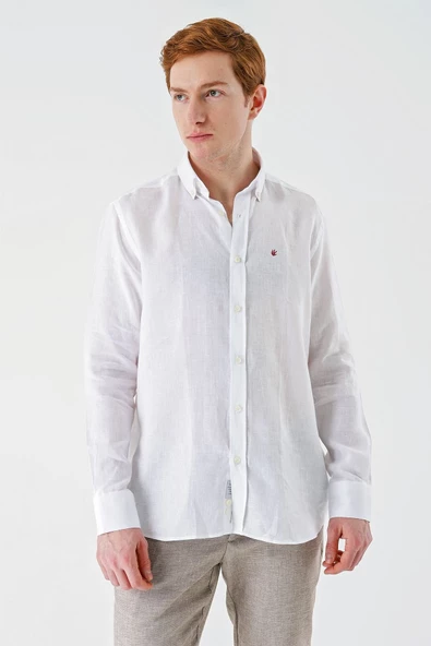 Beyaz Uzun Kollu Cepsiz Biyeli %100 Keten Klasik Comfort Fit Rahat Kesim Gömlek 1004240186 - Resim 3