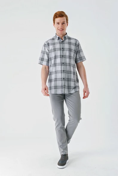 Siyah Kısa Kollu Ekoseli Cepli %100 Pamuk Klasik Comfort Fit Rahat Kesim Gömlek 1004240195 - Resim 4