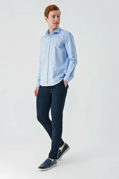Koyu Mavi Uzun Kollu Oxford Cepsiz Pamuklu Klasik Slim Fit Dar Kesim Gömlek 1004240235 - 4