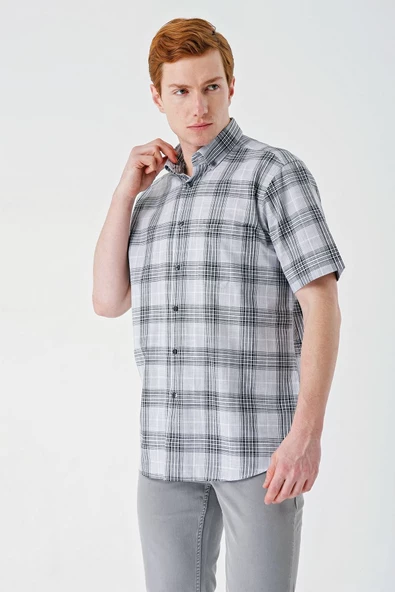 Siyah Kısa Kollu Ekoseli Cepli %100 Pamuk Klasik Comfort Fit Rahat Kesim Gömlek 1004240195 - Resim 2