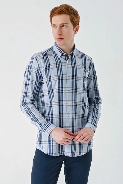 Koyu Mavi Uzun Kollu Ekoseli Cepli %100 Pamuk Klasik Comfort Fit Rahat Kesim Gömlek 1004240185