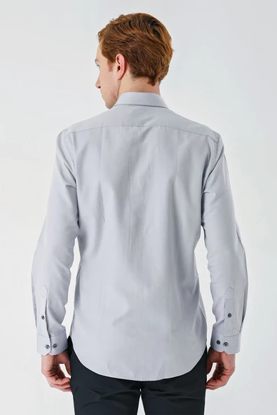 Gri Uzun Kollu Oxford Cepsiz Pamuklu Klasik Slim Fit Dar Kesim Gömlek 1004240235 - Resim 7