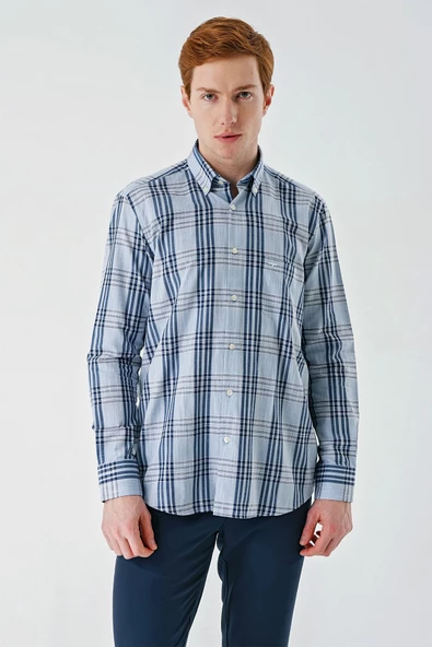 Koyu Mavi Uzun Kollu Ekoseli Cepli %100 Pamuk Klasik Comfort Fit Rahat Kesim Gömlek 1004240185 - Resim 3