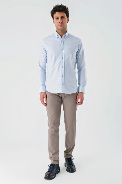 Koyu Mavi Uzun Kollu Oxford Cepsiz %100 Pamuk Klasik Slim Fit Dar Kesim Gömlek 1004240188 - Resim 4