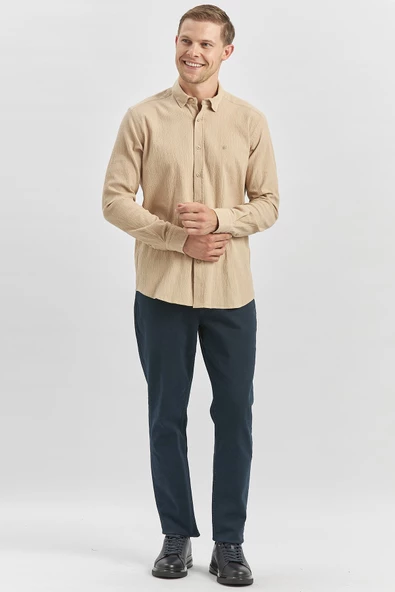 Kayısı Uzun Kollu Gofreli Biyeli %100 Pamuk Casual Slim Fit Dar Kesim Gömlek 1004240247 - Resim 3