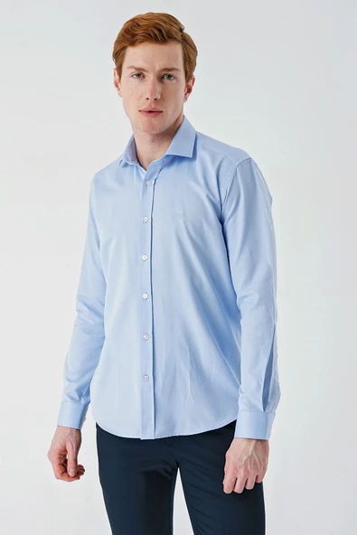 Koyu Mavi Uzun Kollu Oxford Cepsiz Pamuklu Klasik Slim Fit Dar Kesim Gömlek 1004240235 - 2