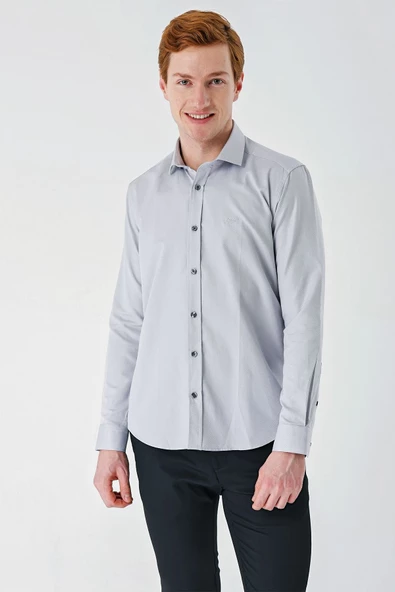 Gri Uzun Kollu Oxford Cepsiz Pamuklu Klasik Slim Fit Dar Kesim Gömlek 1004240235 - Resim 3