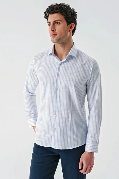 Beyaz Uzun Kollu Çizgili Armürlü Cepsiz Pamuklu Klasik Slim Fit Dar Kesim Gömlek 1004240229 - Resim 3