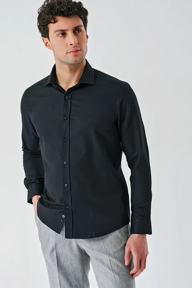 Siyah Uzun Kollu Oxford Cepsiz Pamuklu Klasik Slim Fit Dar Kesim Gömlek 1004240235 - Resim 3