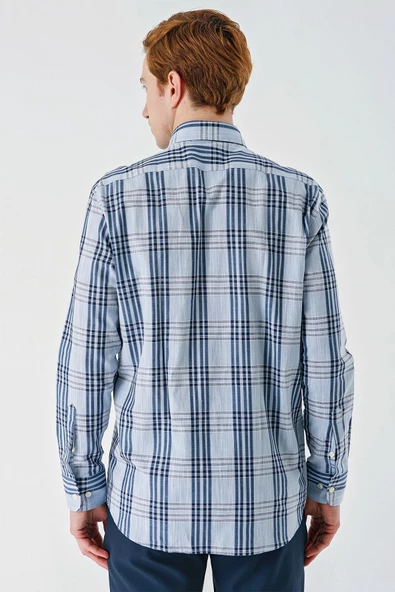 Koyu Mavi Uzun Kollu Ekoseli Cepli %100 Pamuk Klasik Comfort Fit Rahat Kesim Gömlek 1004240185 - Resim 6