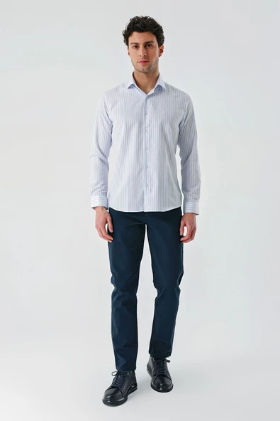 Beyaz Uzun Kollu Çizgili Armürlü Cepsiz Pamuklu Klasik Slim Fit Dar Kesim Gömlek 1004240229 - Resim 2