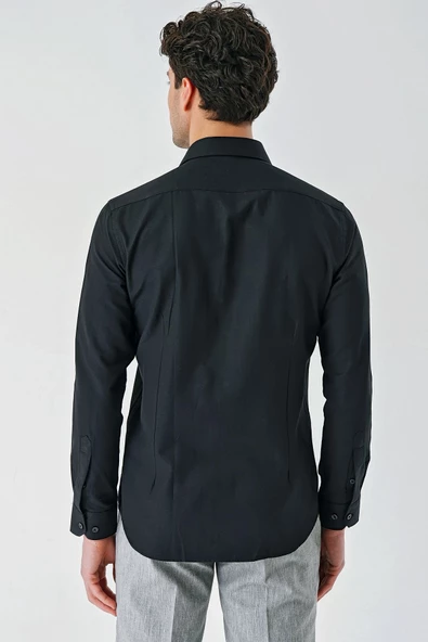 Siyah Uzun Kollu Oxford Cepsiz Pamuklu Klasik Slim Fit Dar Kesim Gömlek 1004240235 - Resim 7