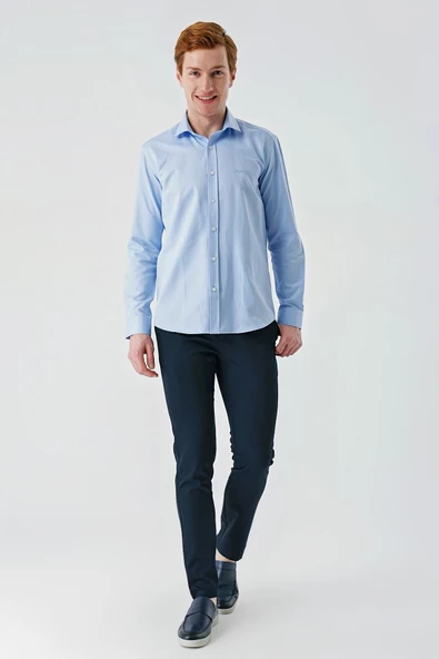 Koyu Mavi Uzun Kollu Oxford Cepsiz Pamuklu Klasik Slim Fit Dar Kesim Gömlek 1004240235 - 5