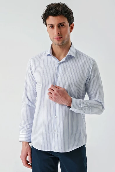 Beyaz Uzun Kollu Çizgili Armürlü Cepsiz Pamuklu Klasik Slim Fit Dar Kesim Gömlek 1004240229