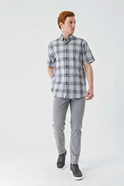 Siyah Kısa Kollu Ekoseli Cepli %100 Pamuk Klasik Comfort Fit Rahat Kesim Gömlek 1004240195 - Resim 5