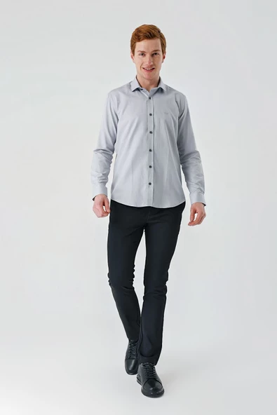 Gri Uzun Kollu Oxford Cepsiz Pamuklu Klasik Slim Fit Dar Kesim Gömlek 1004240235 - Resim 5