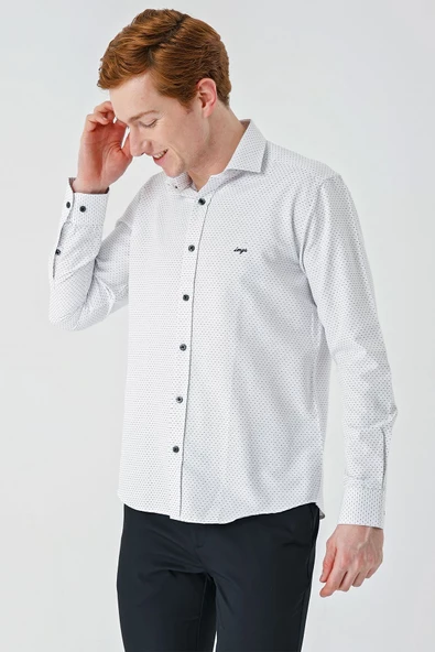 Siyah Uzun Kollu Desenli Armürlü Cepsiz Pamuklu Klasik Slim Fit Dar Kesim Gömlek 1004240189 - Resim 5