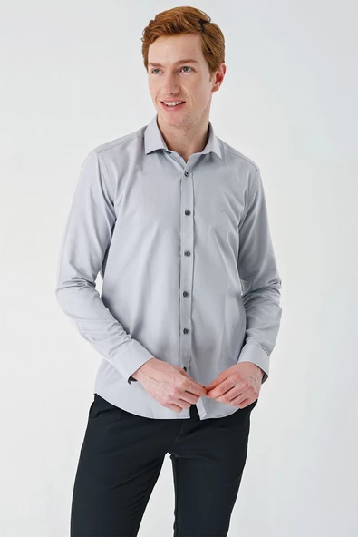 Gri Uzun Kollu Oxford Cepsiz Pamuklu Klasik Slim Fit Dar Kesim Gömlek 1004240235 - Resim 2