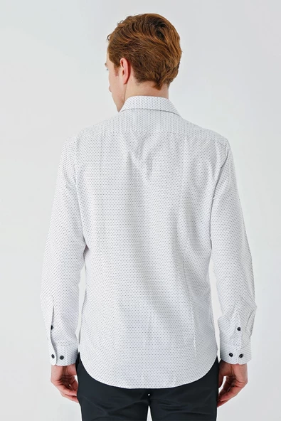 Siyah Uzun Kollu Desenli Armürlü Cepsiz Pamuklu Klasik Slim Fit Dar Kesim Gömlek 1004240189 - Resim 6