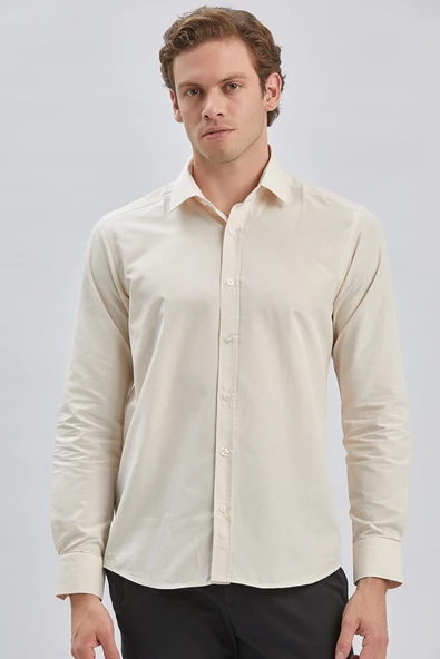 Bej Uzun Kollu Bez Ayağı Sert Yaka Cepsiz Pamuklu Klasik Slim Fit Dar Kesim Gömlek 1004240230 - 4