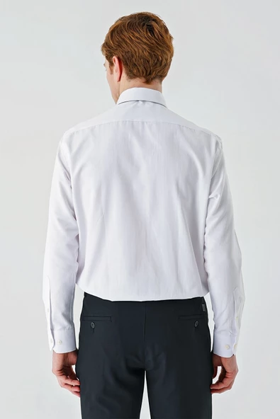 Beyaz Uzun Kollu Desenli Armürlü Sert Yaka Pamuklu Klasik Comfort Rahat Kesim Gömlek 1004240190 - Resim 6