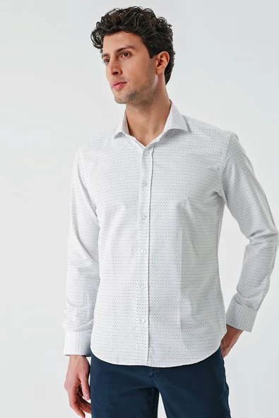 Bej Uzun Kollu Desenli Armürlü Cepsiz Pamuklu Klasik Slim Fit Dar Kesim Gömlek 1004240189 - 2