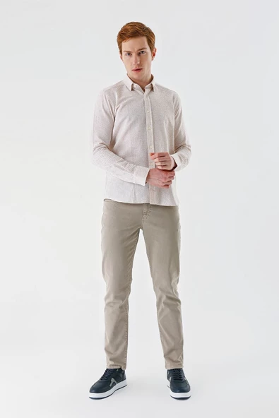 Bej Uzun Kollu Çizgili Biritli Yaka Pamuklu Likralı Casual Slim Fit Dar Kesim Gömlek 1004240233 - Resim 5