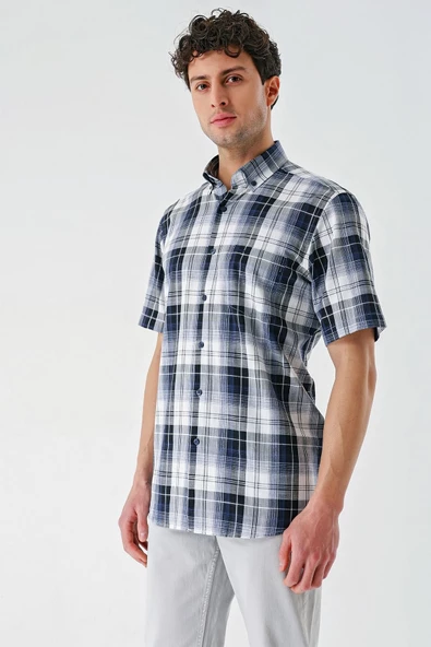 Lacivert Kısa Kollu Ekoseli Cepli %100 Pamuk Klasik Comfort Fit Rahat Kesim Gömlek 1004240196 - Resim 2