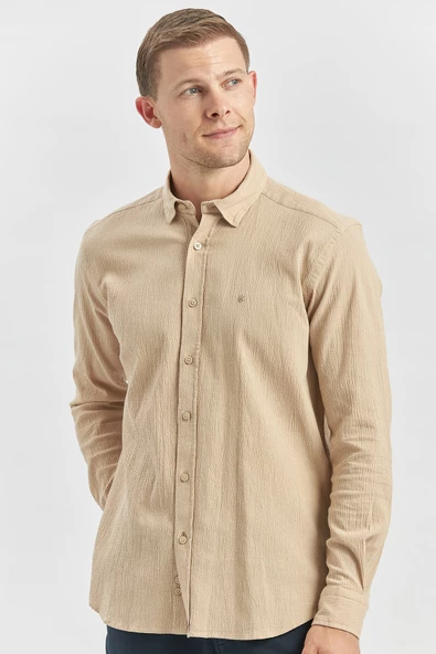 Kayısı Uzun Kollu Gofreli Biyeli %100 Pamuk Casual Slim Fit Dar Kesim Gömlek 1004240247 - Resim 2