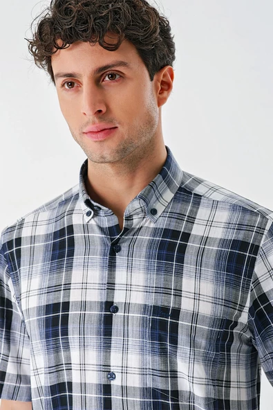 Lacivert Kısa Kollu Ekoseli Cepli %100 Pamuk Klasik Comfort Fit Rahat Kesim Gömlek 1004240196 - Resim 5