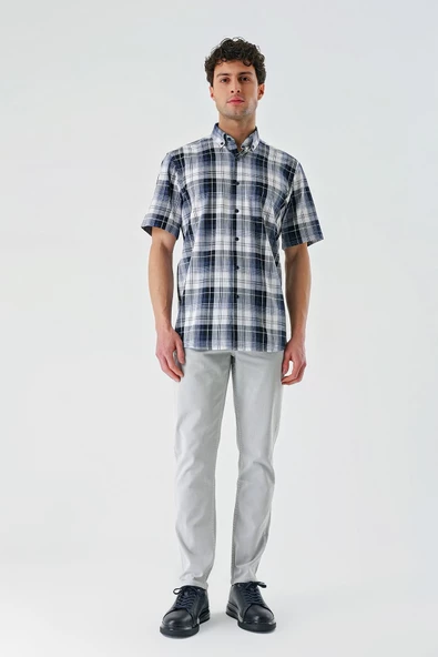 Lacivert Kısa Kollu Ekoseli Cepli %100 Pamuk Klasik Comfort Fit Rahat Kesim Gömlek 1004240196 - Resim 4