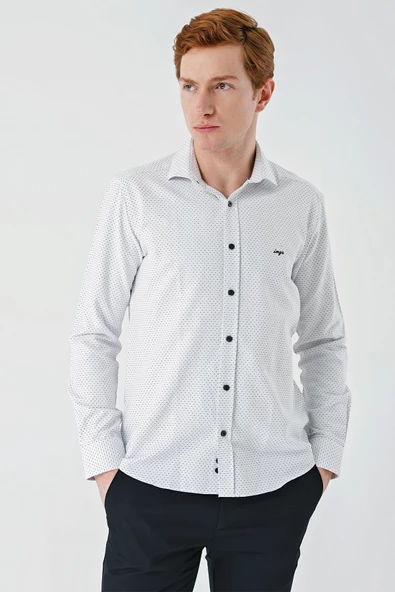 Siyah Uzun Kollu Desenli Armürlü Cepsiz Pamuklu Klasik Slim Fit Dar Kesim Gömlek 1004240189 - Resim 3