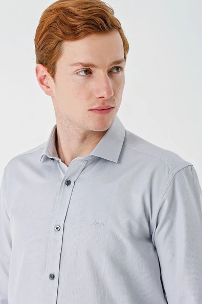 Gri Uzun Kollu Oxford Cepsiz Pamuklu Klasik Slim Fit Dar Kesim Gömlek 1004240235 - Resim 6