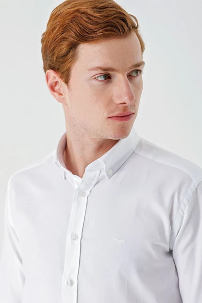 Beyaz Uzun Kollu Oxford Cepsiz %100 Pamuk Klasik Slim Fit Dar Kesim Gömlek 1004240188 - Resim 6