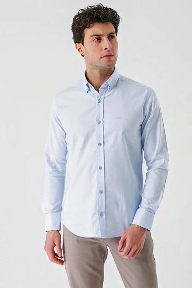 Koyu Mavi Uzun Kollu Oxford Cepsiz %100 Pamuk Klasik Slim Fit Dar Kesim Gömlek 1004240188 - Resim 2