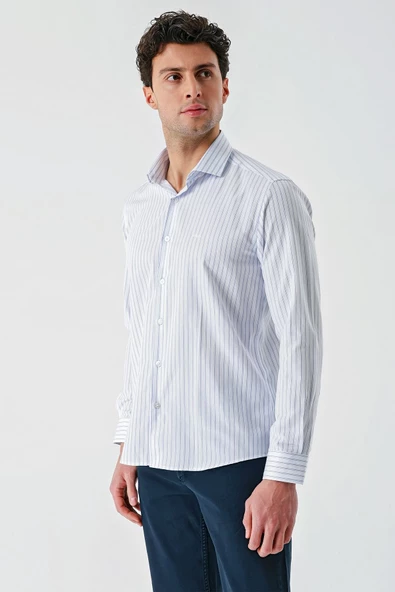 Beyaz Uzun Kollu Çizgili Armürlü Cepsiz Pamuklu Klasik Slim Fit Dar Kesim Gömlek 1004240229 - Resim 5