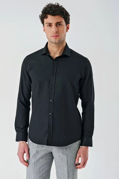 Siyah Uzun Kollu Oxford Cepsiz Pamuklu Klasik Slim Fit Dar Kesim Gömlek 1004240235