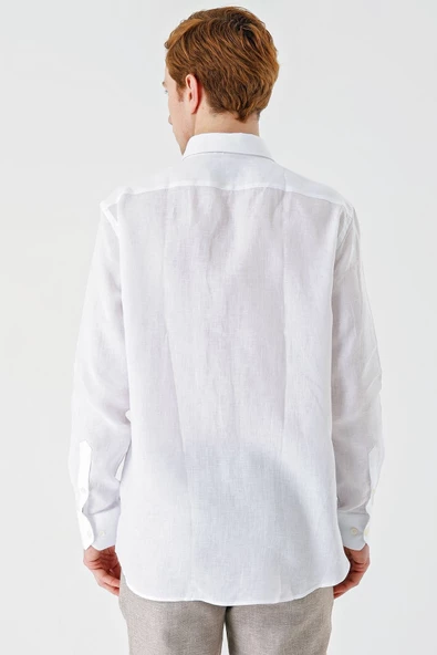 Beyaz Uzun Kollu Cepsiz Biyeli %100 Keten Klasik Comfort Fit Rahat Kesim Gömlek 1004240186 - Resim 6