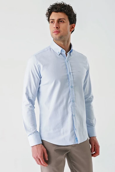 Koyu Mavi Uzun Kollu Oxford Cepsiz %100 Pamuk Klasik Slim Fit Dar Kesim Gömlek 1004240188 - Resim 3