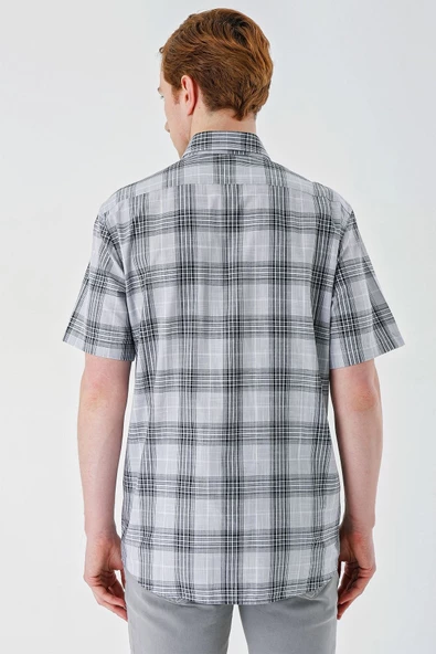 Siyah Kısa Kollu Ekoseli Cepli %100 Pamuk Klasik Comfort Fit Rahat Kesim Gömlek 1004240195 - Resim 7